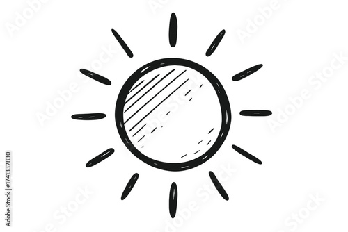 Sun icon vector, hand drawn summer sunshine doodle. Simple black sketch illustration. Cute cartoon weather sign with sunbeams. Graphic design element, isolated on background.