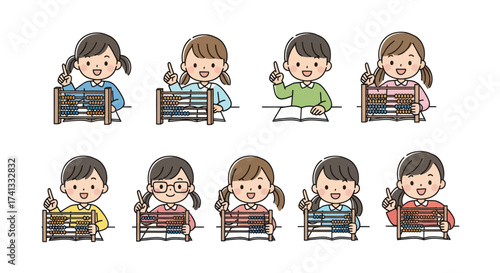 Cartoon Children with Abacuses Posing and Smiling Learning Math.