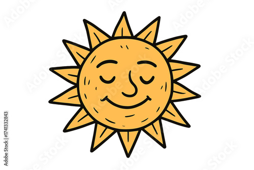 Cute sun icon with a smiling face. Hand-drawn cartoon vector illustration. Summer sunshine weather symbol. Happy, calm character design with a brush stroke texture. Isolated.
