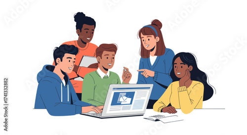 Diverse Group of People Collaborating Around a Laptop Computer.