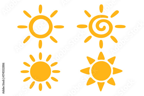 Collection of cute sun doodles. Hand drawn vector icons. Various sunshine symbols for weather forecast or summer concept. Simple cartoon sketch style suns. Isolated graphic set.