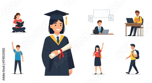 Collection of cartoon student characters showing various stages of academic life including graduation.