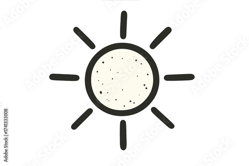 Hand-drawn sun icon, cute naive doodle sketch. Vector cartoon illustration of a sunshine symbol. Simple weather element for summer design. Isolated child drawing style.