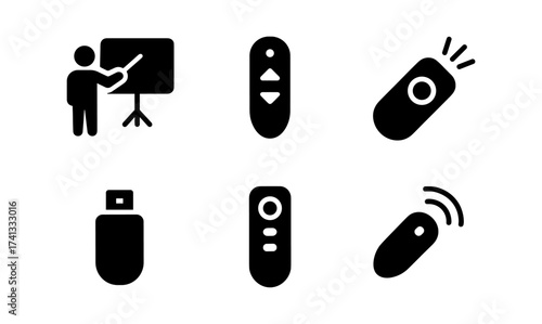 Silhouette icons of office presentation tools and gadgets in minimalist style