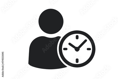 Time management icon with person and clock symbol. Vector graphic for productivity, deadline, schedule, and waiting. Business efficiency, project planning, and user time profile element.