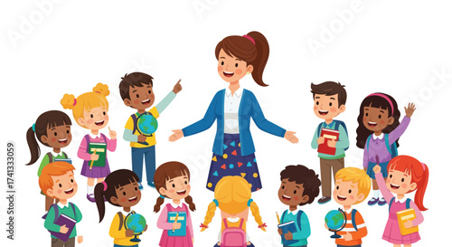 A cheerful female cartoon teacher standing with a diverse group of happy elementary school students.