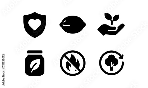 Eco-friendly icons set featuring nature, safety, and sustainability symbols