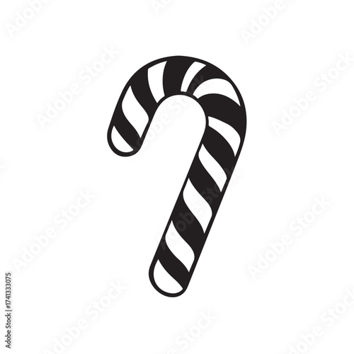 Candy cane silhouette, festive holiday vector, Christmas candy cane silhouette vector Illustration on white background, Black and white candy cane silhouette