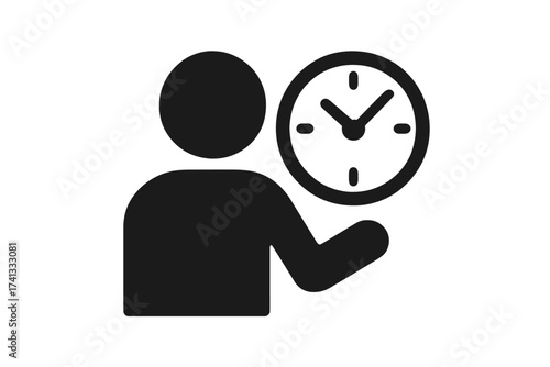 Time management icon with a person holding a clock. Vector symbol for deadline, productivity, schedule, efficiency. Business and project planning graphic element illustration.