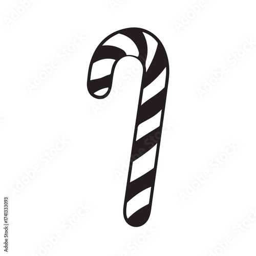 Candy cane silhouette, festive holiday vector, Christmas candy cane silhouette vector Illustration on white background, Black and white candy cane silhouette
