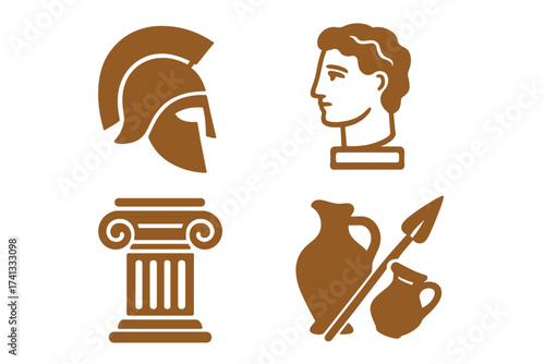 Ancient Greece and Rome icon set. Vector collection of historical symbols. Spartan helmet, bust statue, ionic column, amphora and spear. Archeology and history concept design.