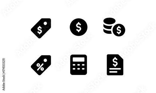 Minimalist black icons for finance and shopping: tags, currency, and calculations