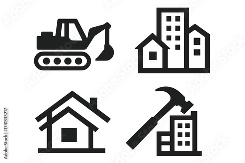 Construction and building icon set. Real estate vector logo collection. Excavator, city, home and demolition hammer symbols. Property and development graphic elements.