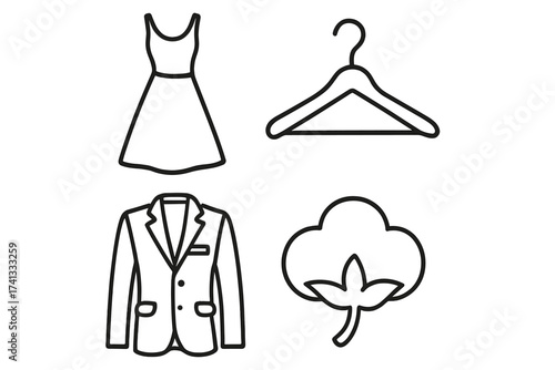 Fashion and garment vector symbols set, including dress, blazer jacket, hanger, and cotton plant icon, fashion design and clothing industry illustration, editable outline style