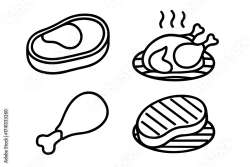 Vector set of meat and grilled symbols, raw steak, roasted chicken, drumstick, barbecued steak icons. Meat food illustration collection for web design, cooking, restaurant concept