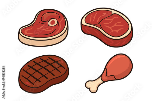 Vector design of various meat cuts and grilled meat symbols, collection of raw and cooked steak, drumstick illustration with transparent background, ordered meat set for web and stock use