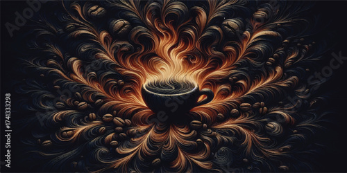 A striking visual featuring a black coffee cup enveloped in a wave pattern against a dark background, creating a sense of warmth and energy.