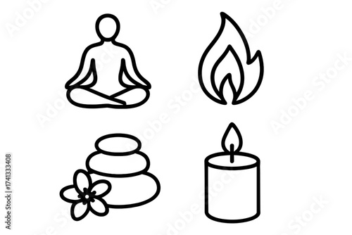 Relaxation and Zen Symbols Vector Set. Meditation Pose, Spa Stones with Flower, Candle and Fire Icons. Wellness, Mindfulness, Calm, Spiritual, Yoga, Spa Therapy, Meditation Design.