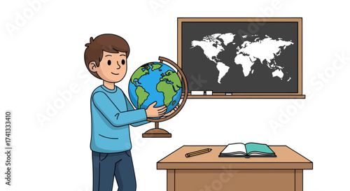 Boy holding a globe in classroom with world map on blackboard.