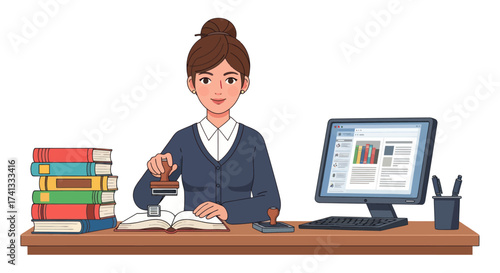 Woman stamping a book at a desk with computer and books.
