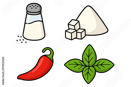 Vector design of organic taste and seasoning ingredients logo set with salt shaker, sugar cubes, chili pepper, and fresh basil leaves, cooking and culinary illustration with transparent background