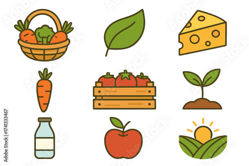 Vector illustration of organic food and agriculture icons set with fresh vegetables, natural leaf, dairy, growing plant, crate of tomatoes, apple, sunrise over farm fields, healthy produce concept