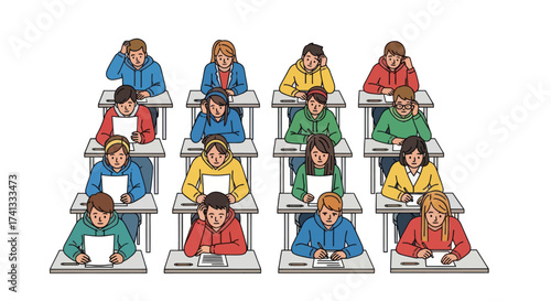 An illustrated group of diverse students sitting in rows of desks while taking a challenging school examination.