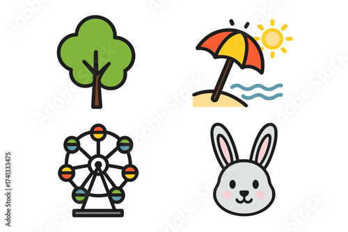 Vector illustration of nature and fun symbols including green tree, sunny beach umbrella, colorful ferris wheel, and cute bunny face with transparent background for entertainment and outdoor concepts