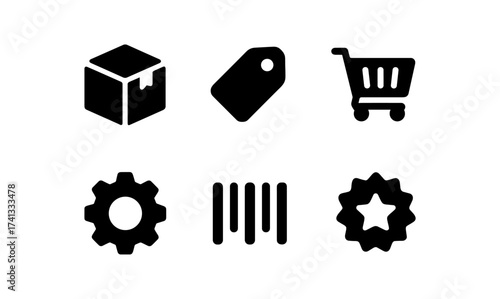 Black and white icon set featuring shopping cart, barcode, and gear symbols