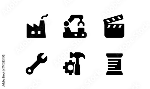 Industrial and manufacturing icons set in simple black silhouette design