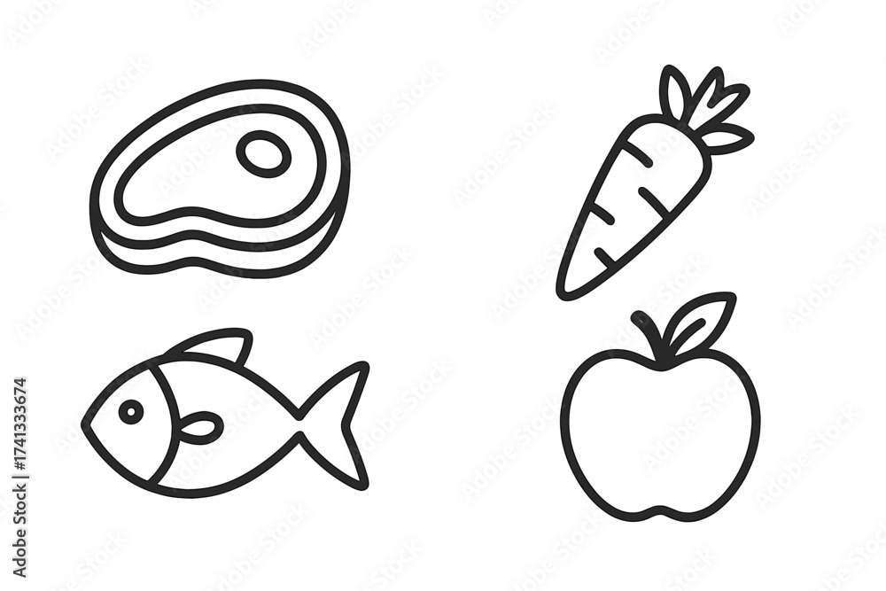 Naklejka premium Thin line vector icons illustrating healthy meat-based and plant-based diets with steak, fish, carrot, and apple outline linear stroke illustrations