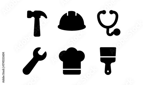 Career icons: essential tools of different professions in silhouette style