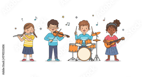 Diverse Young Children Playing Musical Instruments: Flute Violin Drums Ukulele Together.