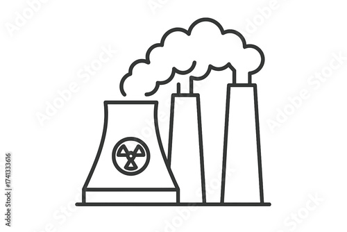 Nuclear power plant icon with factory chimneys emitting smoke clouds representing harmful emissions, linear stroke illustration of industrial pollution and energy production