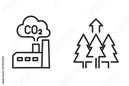 Vector thin line icon of CO2 emissions from factory and CO2 offsetting by forest trees, linear stroke environmental concept, air pollution control, climate change, green energy illustration