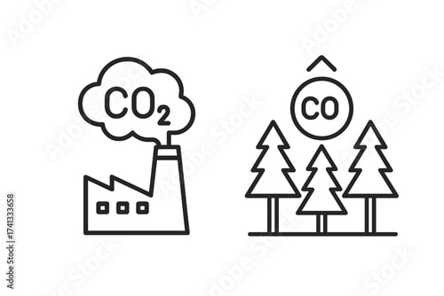 CO2 Emissions and Carbon Offset Vector Illustration, Factory Pollution vs Forest Trees Absorbing Carbon, Environmental Impact Thin Line Icon, Eco Concept