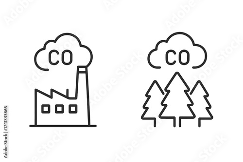 CO2 emissions from factory and carbon offset by forest trees, environmental pollution and climate change concept, vector thin line icon, outline linear stroke illustration