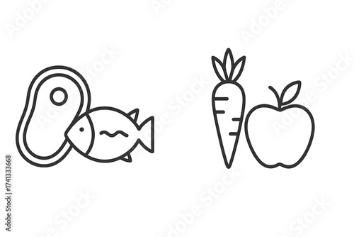 Thin line vector icons of meat-based diet with steak and fish and plant-based diet with carrot and apple, outline linear stroke illustrations representing healthy eating choices, nutrition concepts