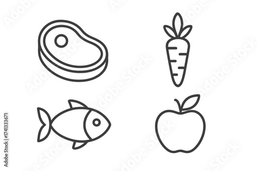 Thin line vector icons of healthy diets concept, meat based diet with steak and fish, plant based diet with carrot and apple, outline stroke vector illustrations
