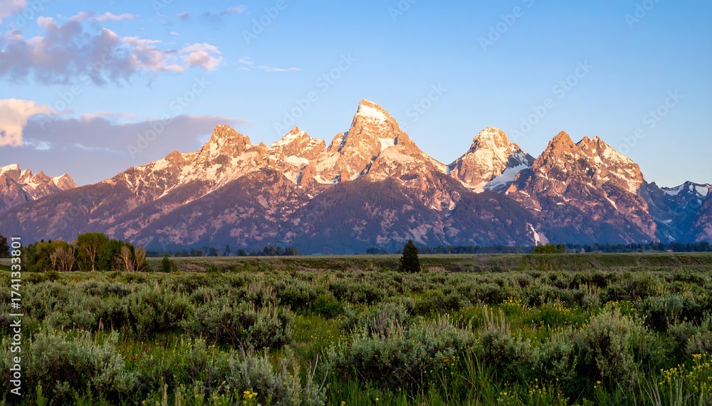 Fototapeta premium Mountain range at sunrise over a meadow