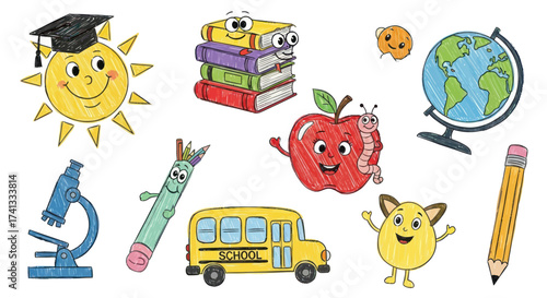 A colorful collection of hand-drawn cartoon school supplies and educational characters with happy faces.