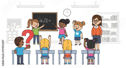 Diverse group of young students actively participating in a classroom lesson with their teacher.