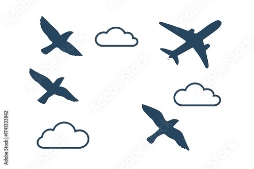 Vector illustration of airplane and birds flying in cloudy sky, silhouette set for travel, freedom concept, aviation and nature background, transparent background