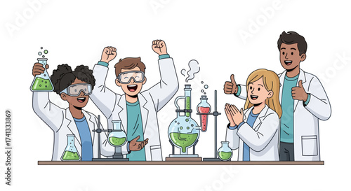 Enthusiastic Diverse Young Scientists Celebrating Successful Chemistry Experiment with Lab Equipment.