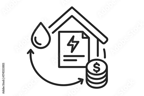 House payment for electricity bill vector icon with water drop, circular arrows, and coins, thin line illustration of energy cost, utility bill payment, finance, and home budget