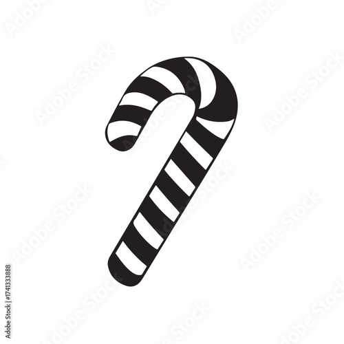 Candy cane silhouette, festive holiday vector, Christmas candy cane silhouette vector Illustration on white background, Black and white candy cane silhouette