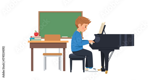 Young boy playing grand piano in music class setting.