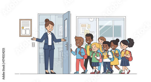 Female Teacher Welcoming Diverse Elementary School Children into Classroom.