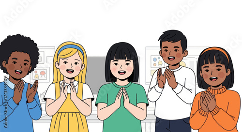 Diverse group of children with hands clasped in a welcoming gesture.