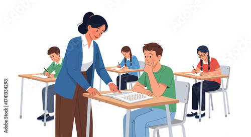 Female teacher assists male student during classroom test or study session.